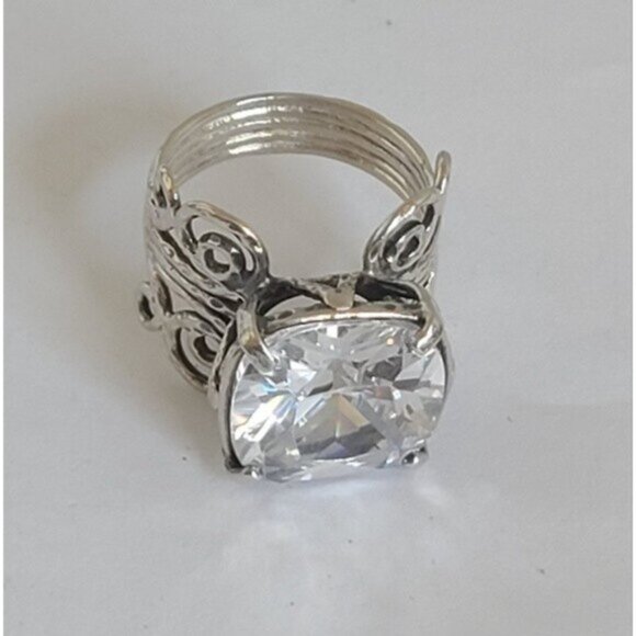 Vintage Sterling Silver Large Chunky Filigree Huge Cushion Cut CZ Crystal Ring - Picture 4 of 15